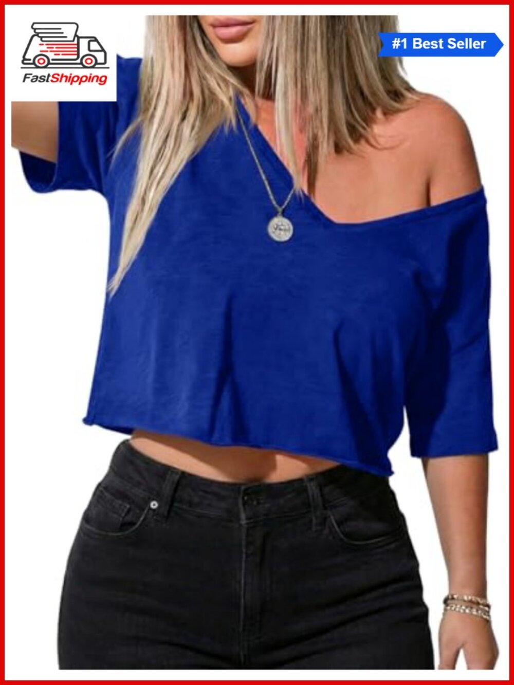 Womens Off Shoulder Crop Top Deep V Neck Loose Short Sleeve Tee
